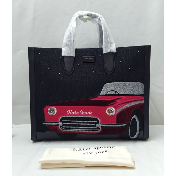 kate spade Handbags - Kate Spade New York Manhattan Black Canvas Car Embellished Large Tote Bag NWT